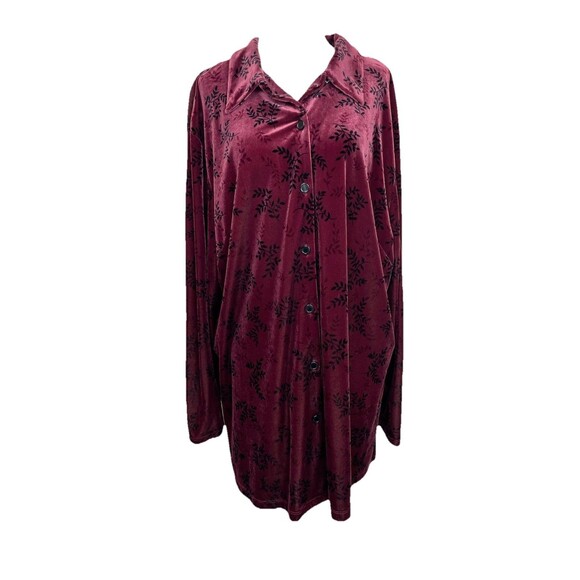 Style & co Woman’s Velvet Floral Long Sleeve Collared Button Up Burgundy-1X - Picture 1 of 9